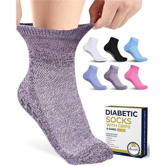 6 Pairs Diabetic Ankle Socks for Men & Women with Grips-12Colors Neuropathy Sock - Picture 7 of 7